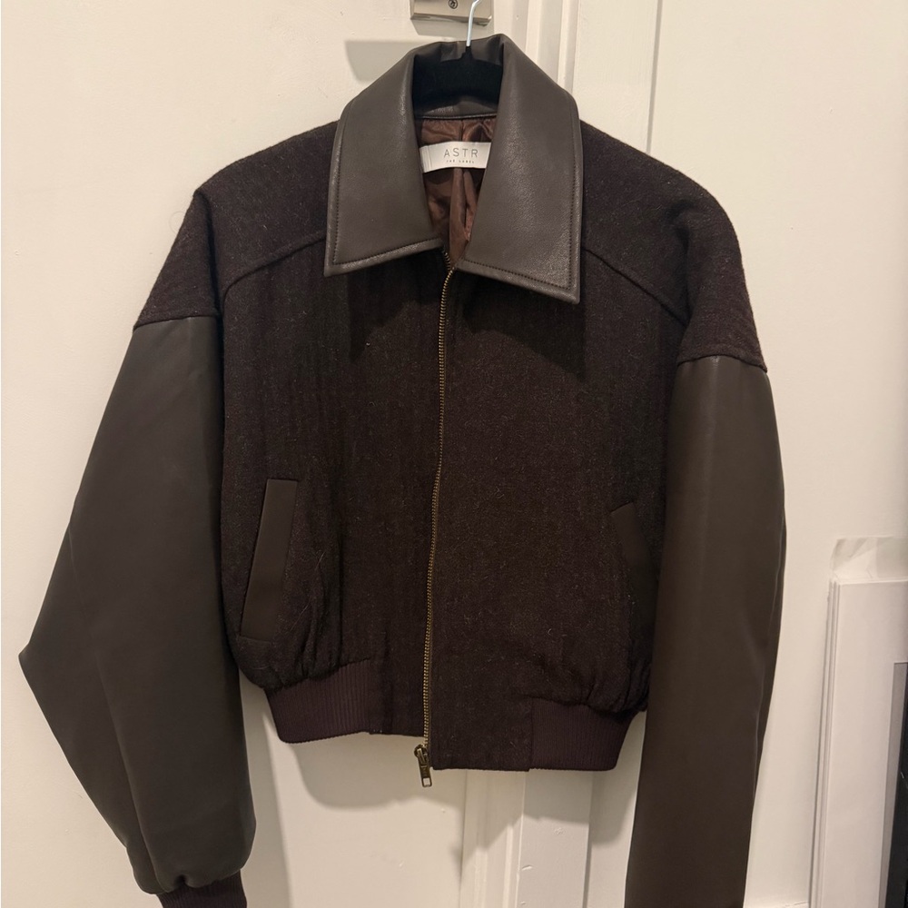 ASTR Brown Bomber Jacket with Leather Sleeves